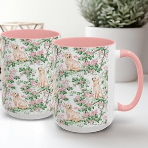 Golden Retriever Floral Toile Mug, Green & Pink Toile de Jouy Coffee Cup for Golden Mom, Pink Trim Chinoiserie Mug Gifts for Dog Lovers