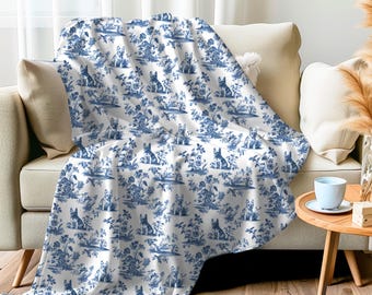 French Bulldog Blue Toile Blanket - Velveteen Toile de Jouy Cozy Throw for Frenchie Mom, French Country Blanket for French Bulldog Lover