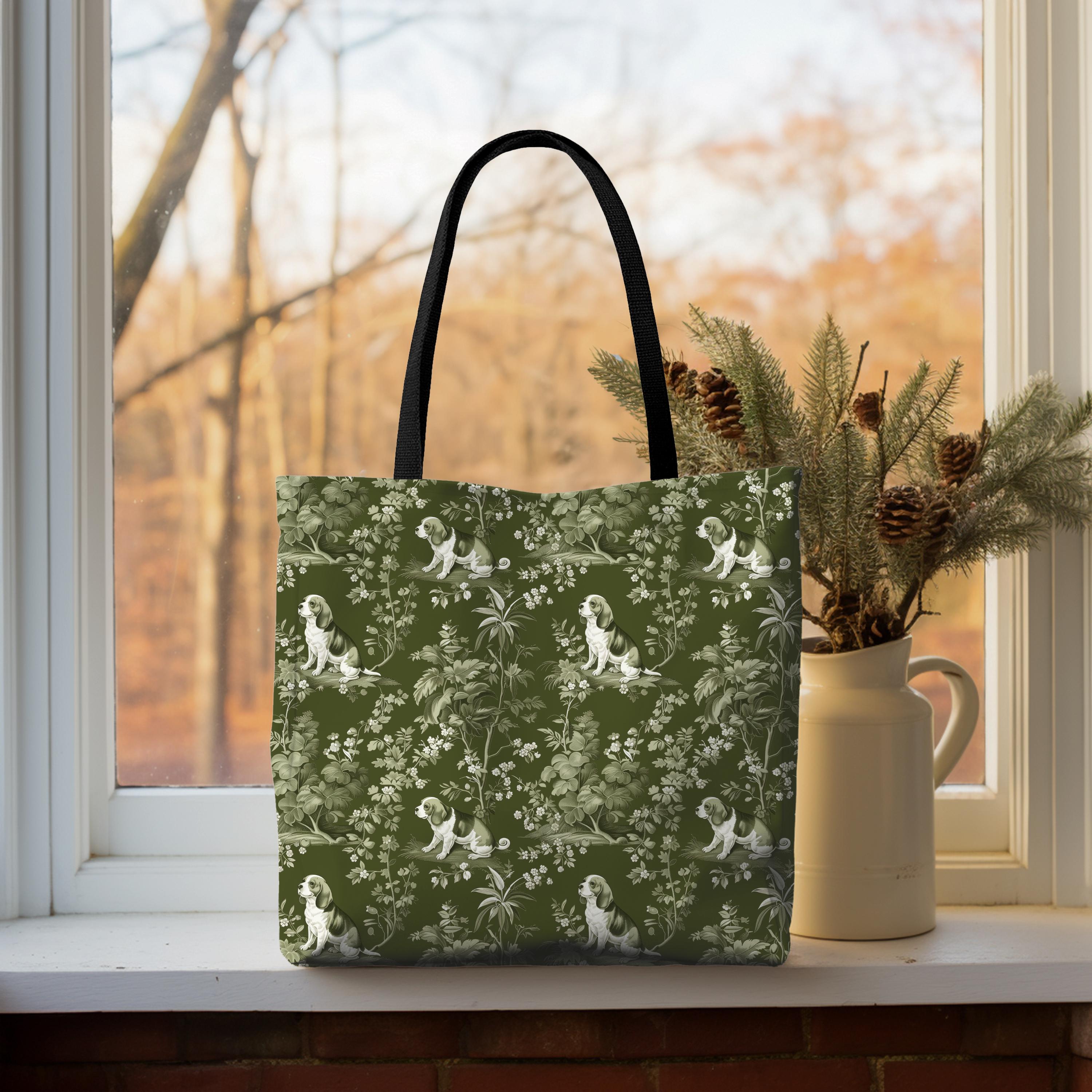 Beagle Green Toile Tote Bag, Everyday Bag for Books Shopping, Toile de Jouy Beagle Carryall, Beagle Dog Lover Gift, Pet Reusable Tote Bag
