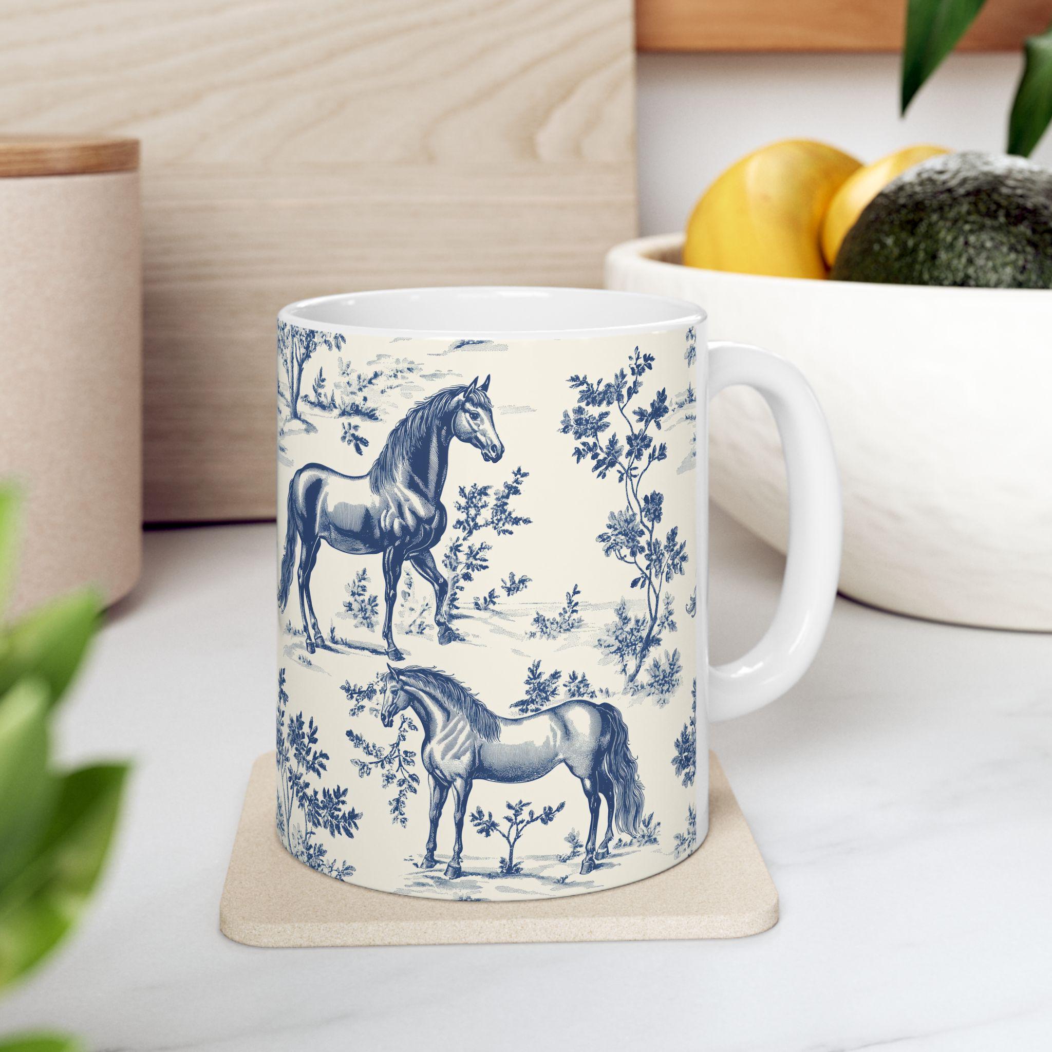 Horse Vintage Toile de Jouy Mug - Horse Lovers French Toile Coffee Cup Gift for Equestrians, Farmhouse Kitchen Drinkware Gift for Horse Mom