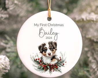 Custom Australian Shepherd First Christmas Ornament, Aussie Puppy 1st Xmas Ornament Personalized Australian Shepherd Puppy Ceramic Ornament