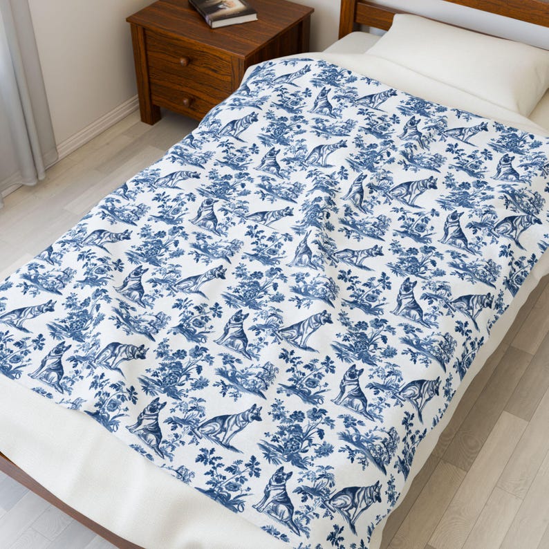 German Shepherd Blue French Toile Blanket, Blue Toile Throw Blanket for GSD Lovers Toile de Jouy Gift Shepherd Dog Toile Cozy Plush Blanket image 5