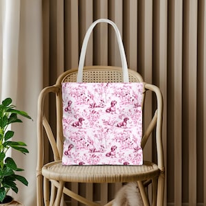Pink Dachshund French Toile Tote Bag - Everyday Bag for Books & Shopping, Elegant Carryall Doxie Mom Gift Sausage Dog Coquette Reusable Tote