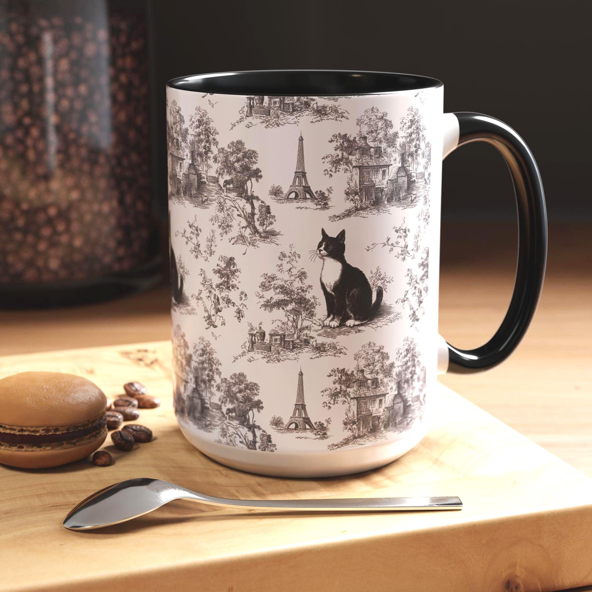 Tuxedo Cat French Toile Mug - Vintage Black Toile de Jouy Coffee Cup for Tuxedo Cat Lovers, Cat Lover Gifts Chinoiserie Kitty Drinkware