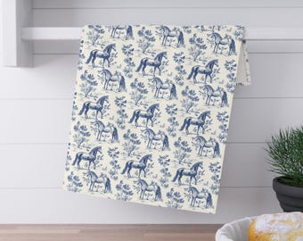 Horse French Toile Tea Towel, Vintage Style Toile de Jouy Kitchen Towel Gifts for Horse Lovers, French Country Kitchen Decor for Equestrians