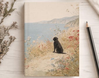 Personalized Black Labrador Seaside Journal Hardcover Vintage Style Watercolor Notebook for Lab Lovers, Coastal Dog Diary Gift Lined Pages
