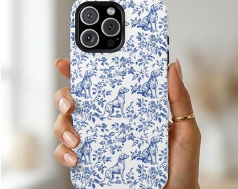 May include: A smartphone case featuring a white background with a repeating blue pattern of dogs and floral vines. The design includes multiple illustrations of dogs in a seated position interspersed with leafy branches and small flowers.