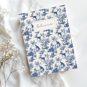 Carnet cartonné personnalisé Corgi en toile bleue - Carnet de notes Corgi en toile française, cadeau de journal intime en toile de Jouy pour les amateurs de corgi gallois de Pembroke, 150 pages