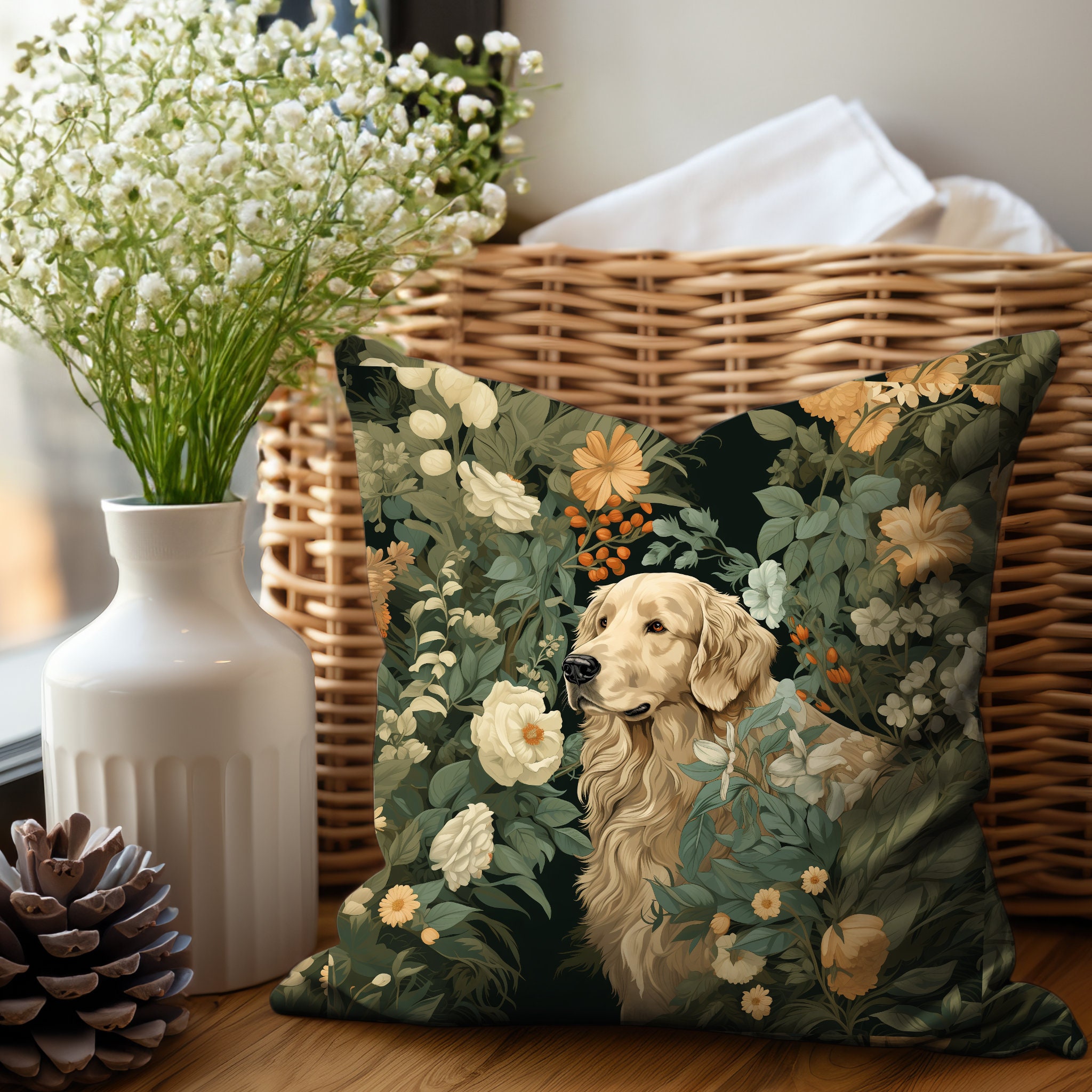 Golden Retriever Pillow William Morris Inspired, Throw Cushion