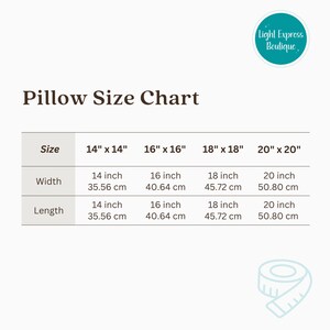 Puede incluir: Tabla de tallas de almohadas con medidas en pulgadas y cent&iacute;metros. La tabla muestra el ancho y el largo de las almohadas en tama&ntilde;os de 14" x 14", 16" x 16", 18" x 18" y 20" x 20".