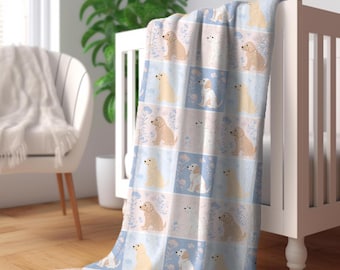 Golden Retriever Pastel Blanket - Pink and Blue Cozy Velveteen Throw, Faux Patchwork Cute Golden Retriever Blanket for Babies or Any Room