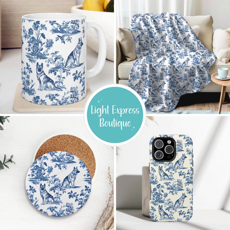 May include: A selection of homeware items with a blue and white toile pattern featuring a dog design. The items include a mug, blanket, coasters, and a phone case. The products have a traditional, decorative style.