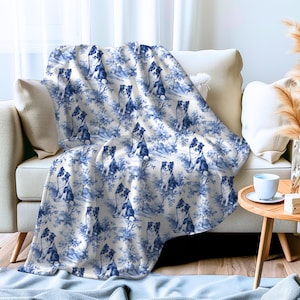 Border Collie French Toile Blanket, Velveteen Blue Toile de Jouy Cozy Throw for Border Collie Lovers, French Country Dog Mom Blanket Gifts