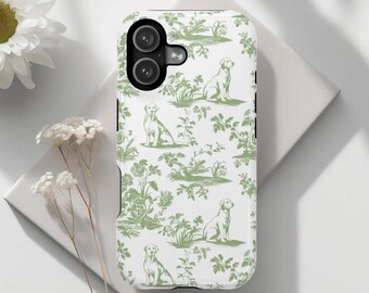 Funda MagSafe resistente de Labrador Toile verde salvia para iPhone 17, 16, 15 y 14 Pro Max. Funda magnética protectora para mamá labrador amarilla.