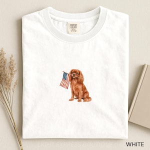 May include: A white crew neck t-shirt featuring a graphic of a brown Cavalier King Charles Spaniel dog holding a small American flag in its mouth. The shirt has a Comfort Colors brand label printed on the inside of the collar at the neckline.
