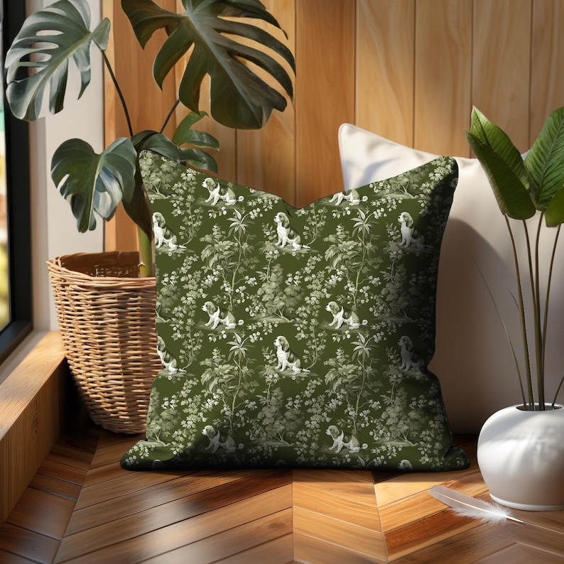 Beagle Toile Pillow - Green and White Toile Dog Pillow, Accent Cushion Includes Insert, Vintage Floral Farmhouse Decor, Gift for Beagle Mom