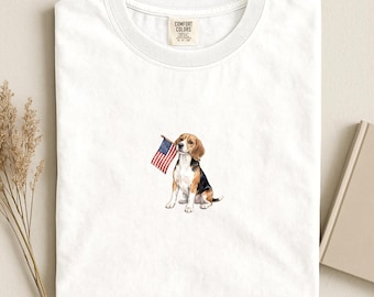 ビーグル犬アメリカ国旗シャツ、愛国的なビーグルママTシャツ、コンフォートカラーズ®犬用USA独立記念日Tシャツ