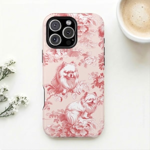 Pomeranian Magsafe Rosa Fransk Toile Tåligt Telefonskal iPhone 17, 16, 15, 14 Pro Max Skal, Magnetiskt Tåligt Telefonskal, Pom Mom Hundälskare Gåvor