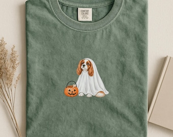 Cavalier Halloween Shirt, Spooky Ghost Cavalier Blenheim Mom T-Shirt, Comfort Colors® Cavalier King Charles Spaniel Fall Tee