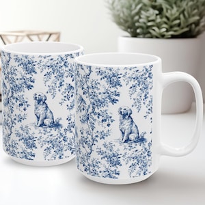 Golden Retriever French Toile Mug II - Elegant Blue Toile Coffee Cup for Golden Mom, Golden Retriever Lover Gifts, Pet Dog Chinoiserie Mug
