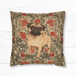 Funda de almohada con diseño botánico de perro carlino inspirada en William Morris, adorable funda de cojín con diseño de carlino, ideal como regalo para amantes de los perros carlino atigrados y cervatillos (solo funda)