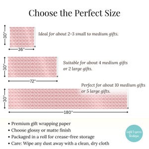 Op de afbeelding: Een grafiek die drie verschillende maten roze cadeaupapier met een bloemenpatroon laat zien. De maten zijn 30 inch bij 36 inch, 30 inch bij 72 inch en 30 inch bij 180 inch. De tekst op de grafiek zegt "Kies de perfecte maat".