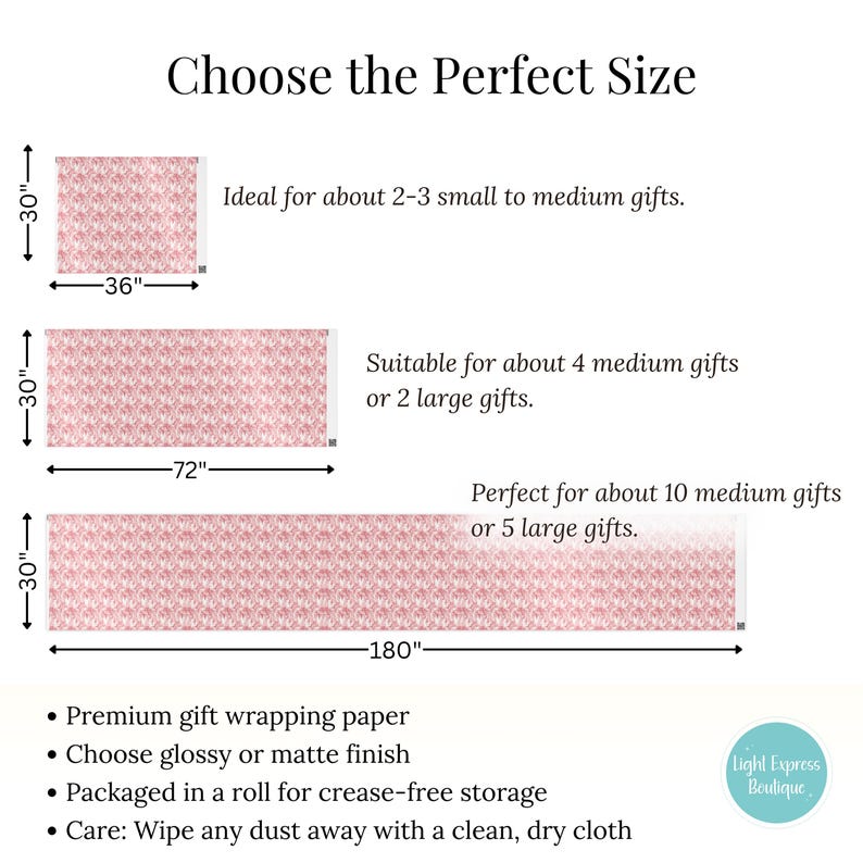 Op de afbeelding: Een grafiek die drie verschillende maten roze cadeaupapier met een bloemenpatroon laat zien. De maten zijn 30 inch bij 36 inch, 30 inch bij 72 inch en 30 inch bij 180 inch. De tekst op de grafiek zegt "Kies de perfecte maat".