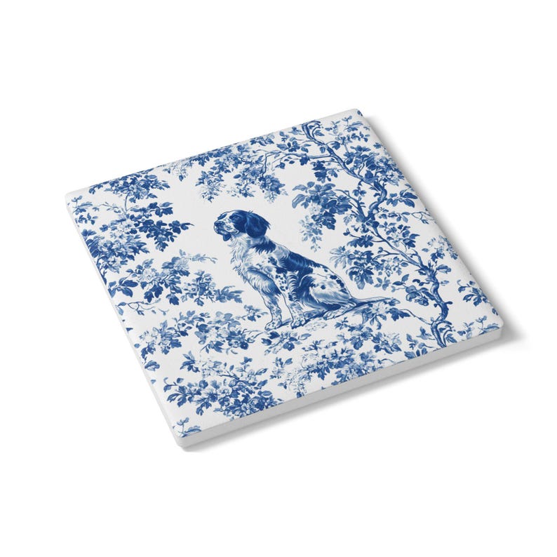 Dessous de verre en céramique toile bleu Français épagneul breton, sous-verre en liège toile de Jouy épagneul pour amoureux des chiens épagneuls, cadeau porte-gobelet image 7
