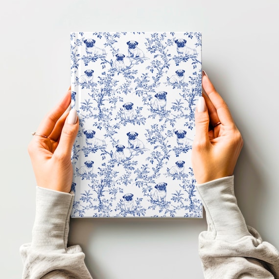 Pug Toile Hardcover Journal - Blue French Toile de Jouy Notebook for Pug Lover, Blue Toile Diary Gift, Dog Lover Stationary, 150 Lined Pages