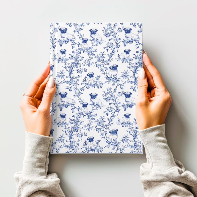 Pug Toile Hardcover Journal - Blue French Toile de Jouy Notebook for Pug Lover, Blue Toile Diary Gift, Dog Lover Stationary, 150 Lined Pages
