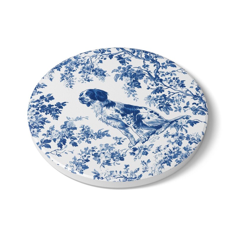 Dessous de verre en céramique toile bleu Français épagneul breton, sous-verre en liège toile de Jouy épagneul pour amoureux des chiens épagneuls, cadeau porte-gobelet image 6