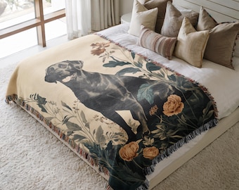 Jeté de couverture tissé labrador noir : tapisserie murale florale de style vintage pour les amoureux des chiens, cadeau de literie 100 % coton