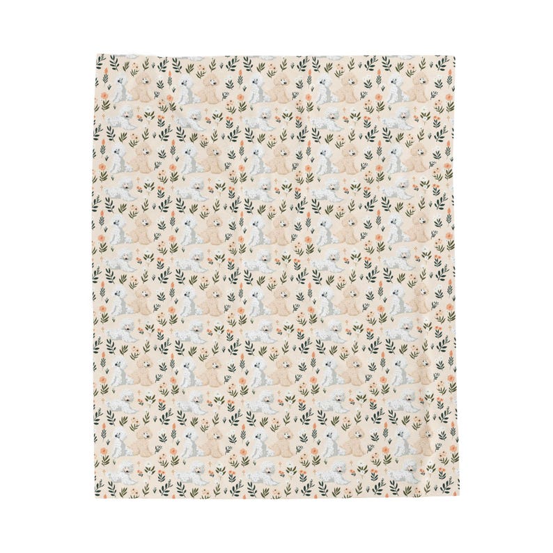 Poodle Botanicals Blanket - Cozy Velveteen Plush Throw, Gift for Poodle Lovers, Cute Poodle Floral Pattern Blanket, White and Brown Poodles