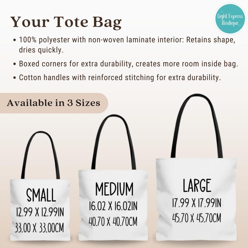 May include: Three tote bags in different sizes: small, medium, and large. The bags are white with black text indicating the size and measurements in inches and centimeters. The bags have black handles.