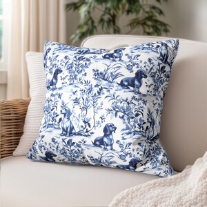 Teckel Franse Toile kussensloop, Toile de Jouy kussensloop Franse landelijke decoratieve worst hond Toile kussenhoes cadeau voor Doxie moeder