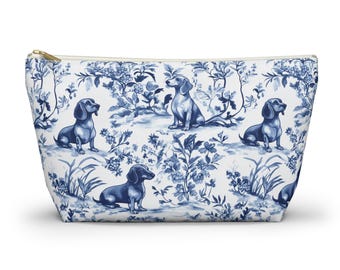 Dachshund Cosmetics Bag, Blue French Toile Pattern Accessory Bag for Doxie Lovers, Zippered Makeup Bag, Travel Pouch for Doxie Mom Gifts