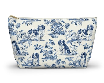 Cavalier King Charles Spaniel Cosmetics Bag, Blue French Toile Pattern Accessory Pouch, Zippered Makeup Bag, Travel Pouch, Cavalier Gifts