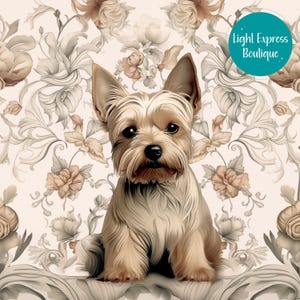 Puede incluir: Un peque&ntilde;o Yorkshire Terrier marr&oacute;n y tostado sentado sobre un fondo blanco con un patr&oacute;n floral. El perro est&aacute; mirando directamente a la c&aacute;mara.