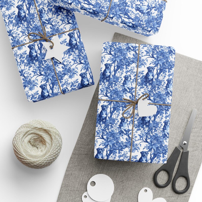 Pitbull French Toile de Jouy Wrapping Paper - Birthday Dog Mom Blue Toile Gift Wrap for Pittie Lovers, Holiday Present Wrap Glossy/Matte