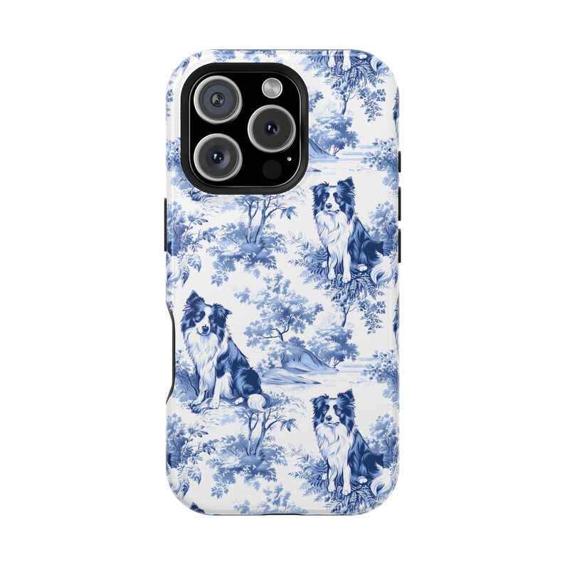 Border Collie Blue Toile MagSafe Tough Phone Case iPhone 16, 15, 14 Pro Max Plus Case, Magnetic Tough Phonecase Border Collie Dog Lover Gift