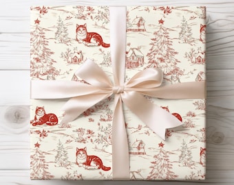 Vintage Katze Weihnachtsgeschenkpapier - antike Art rote Toile Feiertags-Geschenkverpackung für Katzenliebhaber, Winter-Festliche Kitty-Geschenkverpackung
