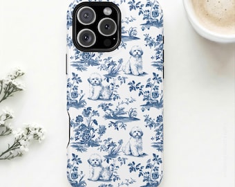 Bichon Frise Blue Toile MagSafe Tough Phone Case iPhone 17, 16, 15, 14 Pro Max Plus Case Magnetic Tough Phone case Bichon Mom Dog Lover Gift
