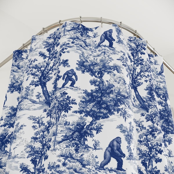 Bigfoot Sasquatch French Toile Shower Curtain, PNW Bigfoot Bathroom Toile de Jouy Fabric Funny Shower Curtain Cryptid Lover Paranormal Gift