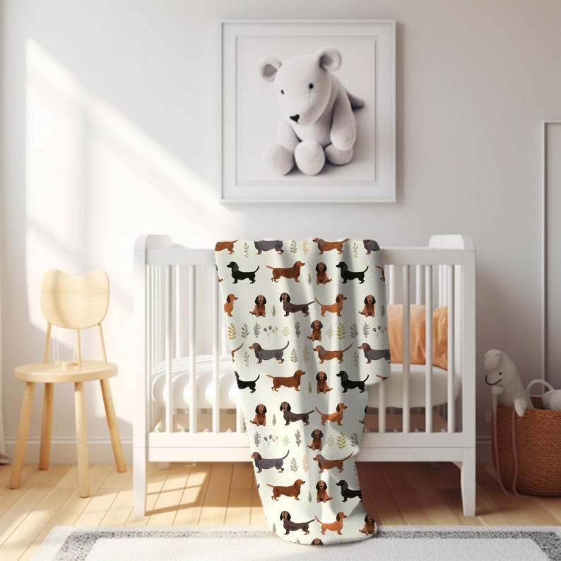 Dachshund Botanical Blanket - Cozy Velveteen Plush Throw, Gift for Dachshund Lover, Ivory Dog Blanket Pet Weiner Dog Gifts Doxie Sausage Dog