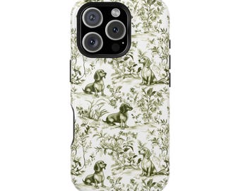 Sage Green Dachshund Toile Magsafe Tough Phone Case iPhone 16, 15
