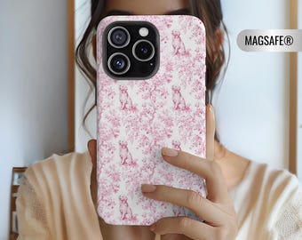 Różowe, toile, golden retriever, wytrzymałe etui MagSafe, kompatybilne z telefonem iPhone 15, 14, 13 Pro Max Plus, magnetyczne, wytrzymałe etui ochronne
