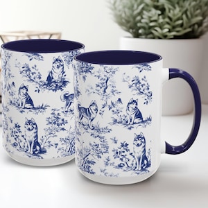 Caneca Husky French Toile de Jouy - Elegante xícara de café azul Toile Presentes para a mãe Husky, azul floral Alaskan Malamute Dog Chinoiserie xícara de chá
