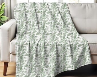 Coperta in tela francese color verde salvia con motivo a carlino, coperta in tela francese color verde vellutato, regalo per gli amanti dei carlini, coperta in stile country francese per mamme di cani