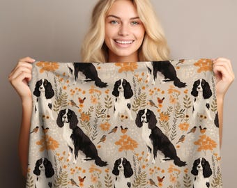 English Springer Spaniel Dog Blanket - Cozy Velveteen Throw Blanket, Springer Spaniel Fall Botanical Blanket, English Springer Spaniel Gifts