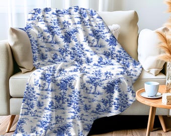 Coperta per cavalli in Toile de Jouy, coperta accogliente in tessuto Toile de Jouy francese blu per gli amanti dei cavalli, coperta in stile country francese, regalo per la mamma di un cavallo.